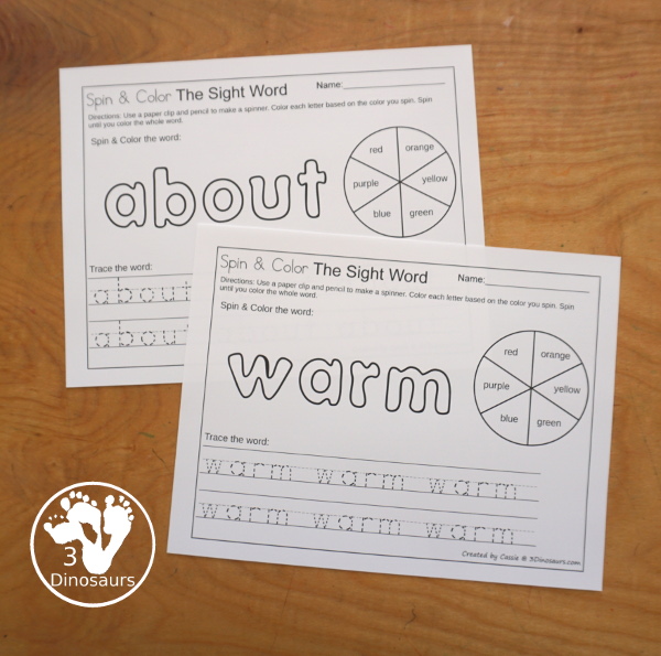 Easy No-Prep Sight Word Spin & Color Printable - all 220 Dolch Sight Words in an easy to use no-prep printable. You spin and color each letter of the word the color you spin. Then trace the words below. - 3Dinosaurs.com