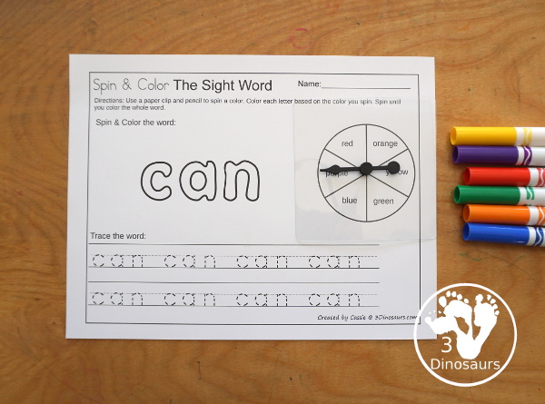 Easy No-Prep Sight Word Spin & Color Printable - all 220 Dolch Sight Words in an easy to use no-prep printable. You spin and color each letter of the word the color you spin. Then trace the words below. - 3Dinosaurs.com