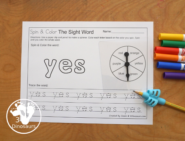 Easy No-Prep Sight Word Spin & Color Printable - all 220 Dolch Sight Words in an easy to use no-prep printable. You spin and color each letter of the word the color you spin. Then trace the words below. - 3Dinosaurs.com