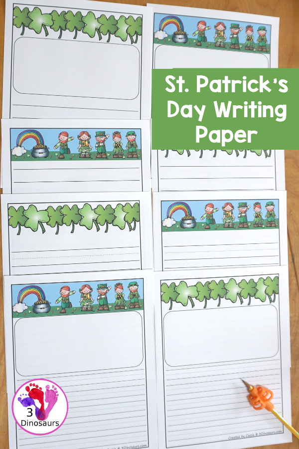 Free St Patrick's Day Writing Paper Printable - You have two pictures with clovers only and Leprechauns with a pot of gold. They come in guidelines and single lines for the writing types - 3Dinosaurs.com