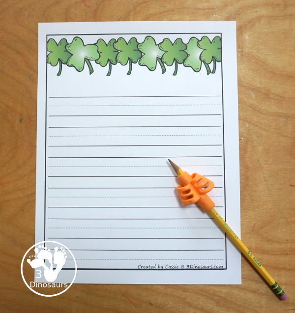 Free St Patrick's Day Writing Paper Printable - You have two pictures with clovers only and Leprechauns with a pot of gold. They come in guidelines and single lines for the writing types - 3Dinosaurs.com