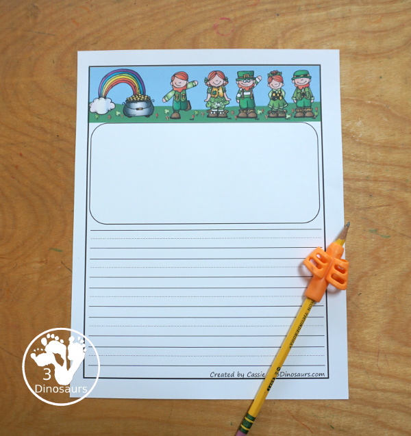 Free St Patrick's Day Writing Paper Printable - You have two pictures with clovers only and Leprechauns with a pot of gold. They come in guidelines and single lines for the writing types - 3Dinosaurs.com