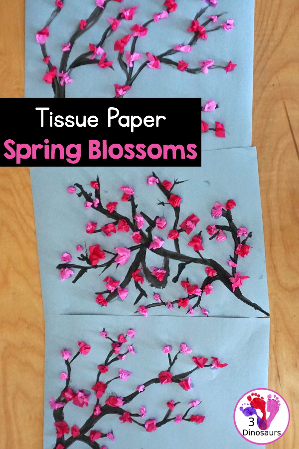 Tissue Paper Spring Blossoms - This is a fun spring craft that kids can do with paints and pink tissue paper - 3Dinosaurs.com