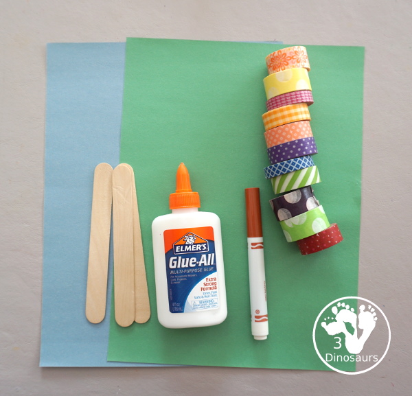 Washi Tape Truffula Tree Craft - a fun Lorax craft for kids to make with a little fun with fine motor truffula craft that kids can make. It is made with paper, washi tape and craft sticks. - 3Dinosaurs.com