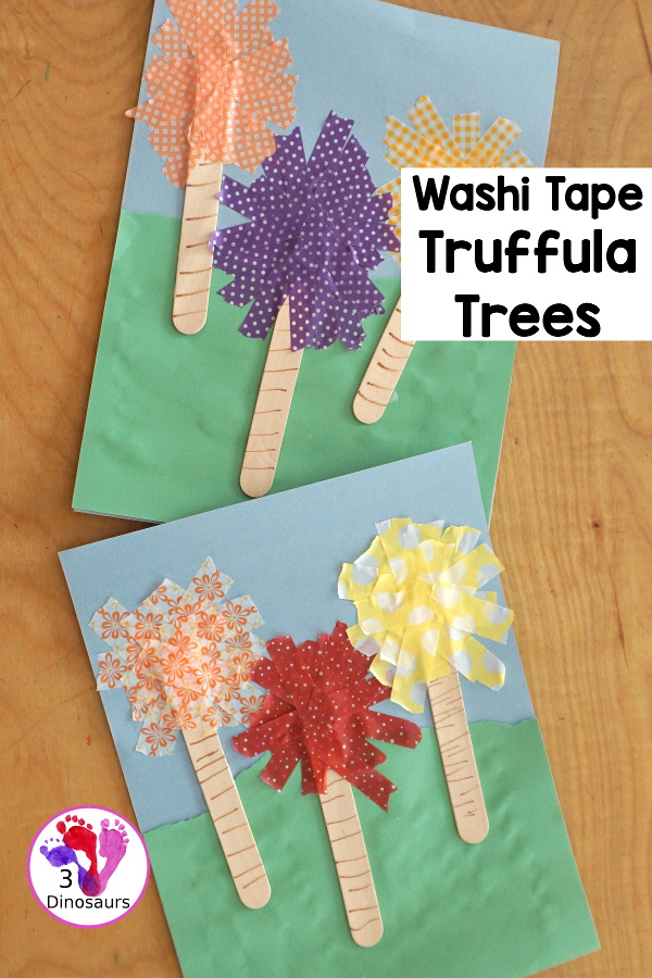 Washi Tape Truffula Tree Craft - a fun Lorax craft for kids to make with a little fun with fine motor truffula craft that kids can make. It is made with paper, washi tape and craft sticks. - 3Dinosaurs.com