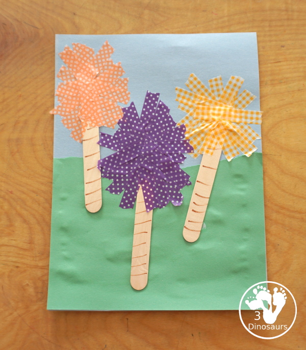 Washi Tape Truffula Tree Craft - a fun Lorax craft for kids to make with a little fun with fine motor truffula craft that kids can make. It is made with paper, washi tape and craft sticks. - 3Dinosaurs.com