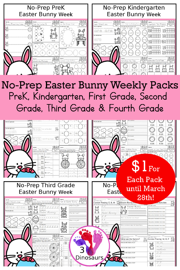 No-Prep Easter Bunny Weekly Packs PreK, Kindergarten, First Grade, Second Grade, Third Grade & Fourth Grade with 5 days of activities to do for each grade level with tree words - You will find a mix of math, language, and more - These are easy to use packs for homework and morning work. Easy no-prep printables for kids with four pages for each day.  - 3Dinosaurs.com