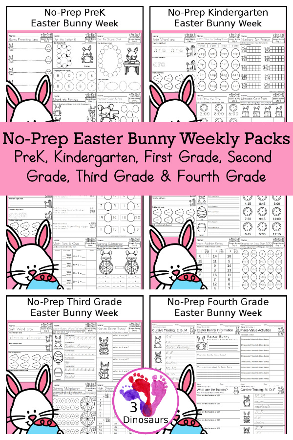No-Prep Easter Bunny Weekly Packs PreK, Kindergarten, First Grade, Second Grade, Third Grade & Fourth Grade with 5 days of activities to do for each grade level with tree words - You will find a mix of math, language, and more - These are easy to use packs for homework and morning work. Easy no-prep printables for kids with four pages for each day.  - 3Dinosaurs.com