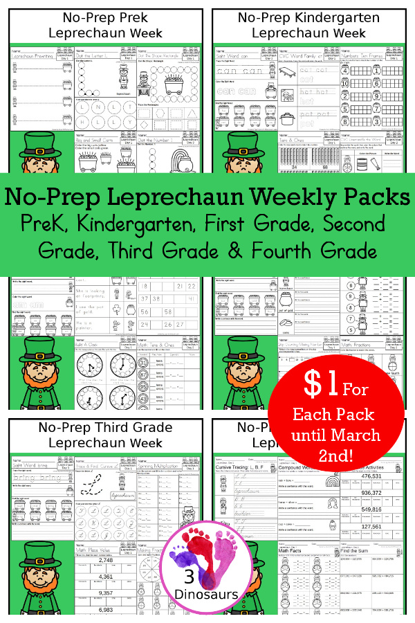 No-Prep Leprechaun Weekly Packs PreK, Kindergarten, First Grade, Second Grade, Third Grade & Fourth Grade with 5 days of activities to do for each grade level with tree words - You will find a mix of math, language, and more - These are easy to use packs for homework and morning work. Easy no-prep printables for kids with four pages for each day.  - 3Dinosaurs.com