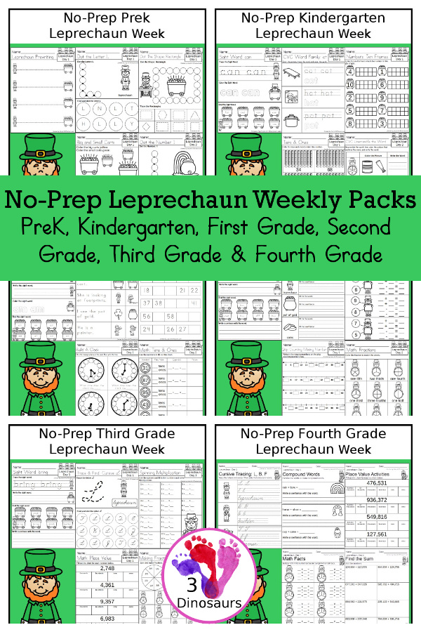 No-Prep Leprechaun Weekly Packs PreK, Kindergarten, First Grade, Second Grade, Third Grade & Fourth Grade with 5 days of activities to do for each grade level with tree words - You will find a mix of math, language, and more - These are easy to use packs for homework and morning work. Easy no-prep printables for kids with four pages for each day. - 3Dinosaurs.com