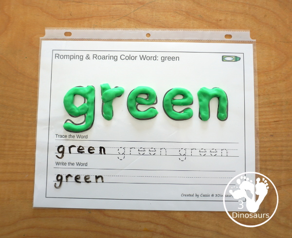 Free Romping & Roaring Color Pack Green - 8 free pages of printables for the color green - Playoudgh mats, coloring, tracing and more. A great way to work on the color green with kids. - 3Dinosaurs.com