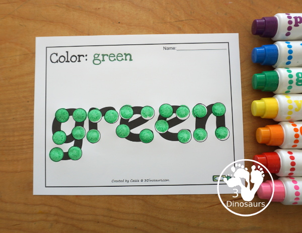 Free Romping & Roaring Color Pack Green - 8 free pages of printables for the color green - Playoudgh mats, coloring, tracing and more. A great way to work on the color green with kids. - 3Dinosaurs.com
