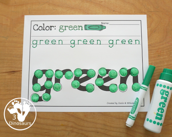 Free Romping & Roaring Color Pack Green - 8 free pages of printables for the color green - Playoudgh mats, coloring, tracing and more. A great way to work on the color green with kids. - 3Dinosaurs.com