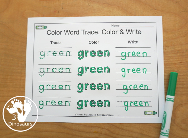 Free Romping & Roaring Color Pack Green - 8 free pages of printables for the color green - Playoudgh mats, coloring, tracing and more. A great way to work on the color green with kids. - 3Dinosaurs.com