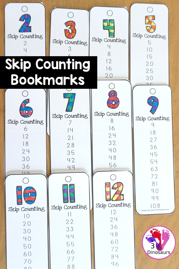 Free Skip Counting Bookmarks- skip counting by 2 through 12. Skip counting 12 times on each bookmark. A great math printable for kids in second grade and third grade. - 3Dinosaurs.com