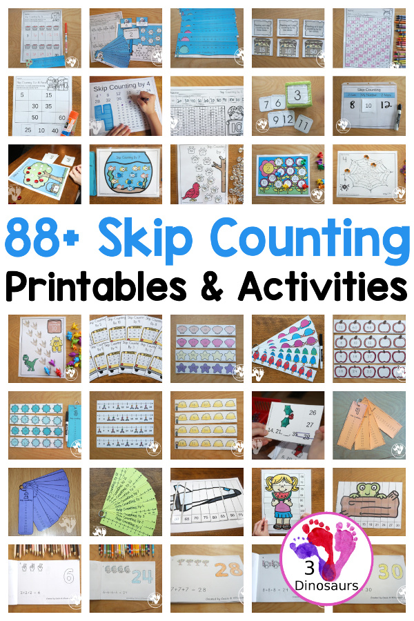 88+ Skip Counting Printables & Activities For Kids - All fun ways to work on skip counting activities with various levels and ideas like skip counting puzzles, skip counting books, skip counting mats and more - 3Dinosaurs.com