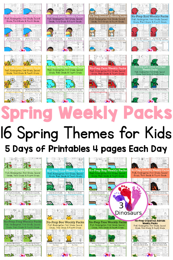 No-Prep Weekly Packs for the Spring for Prek to 4th Grade - with the following themes: Spring, Easter, Baseball, Bird, Earth Day, Flowers, Farm, Life Cycle of a Plant, Bugs, Butterflies, Garden, Frog, Pond, Tree, Oviparous Animals, & Bee - 5 days of printables with 4 pages for each day - an easy no-prep printables for spring - 3Dinosaurs.com