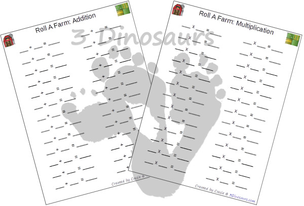 Free Roll a Farm Printable - 3 Levels of learning: counting, addition, and multiplication - 3Dinosaurs.com