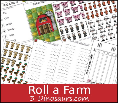 Free Roll a Farm Printable - 3 Levels of learning: counting, addition, and multiplication - 3Dinosaurs.com