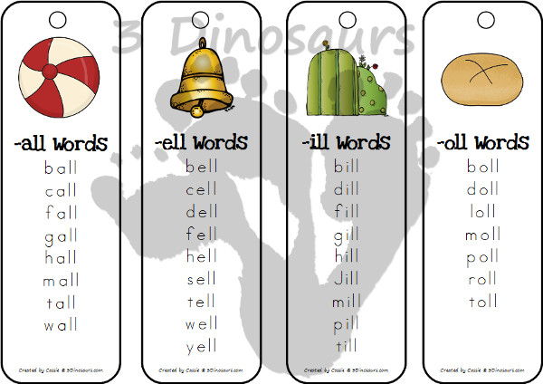 Free CVCC Word Family Bookmarks. 4 Bookmarks per page - The following endings: -all, -ill, -ell, -ull, -ing, -ang, -ung, -ong, -ast, -ist, -ust, -ost, -est, -ack, -ick, -ock, -uck, -and, -end, -ind, -ond, -und, ink, -unk, -onk, -amp, -imp, -ump - 3Dinosaurs.com