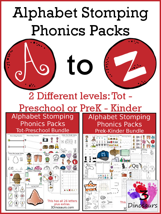 Alphabet Stomping Phonics Packs - 2 Different level of phonics based packs: Tot-Preschool or PreK-Kinder - 3Dinosaurs.com