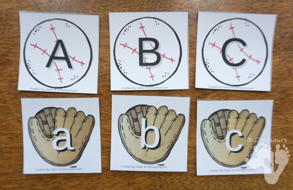 Free Hands-On Baseball ABC Matching Cards - uppercase and lowercase matching cards with a glove and ball theme - 3Dinosaurs.com
