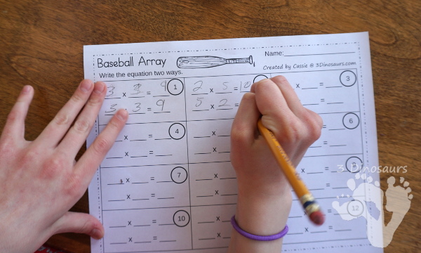 Free Fun To Use Baseball Themed Array Task Cards - 12 task cards with 3 different matching worksheets to use with the cards - 3Dinosaurs.com