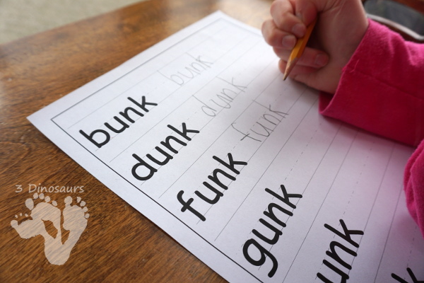 Free CVCC Word Family Cards & Writing - ANK, INK, ONK, UNK - This works on reading the -nk word and then writing the -nk word a great CVCC writing worksheet for - 3Dinosaurs.com