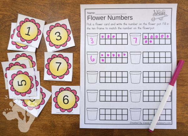 Flower & Rain Themed Ten Frame Printables: No-Prep & Hands-On - 168 pages of printables working on ten frame activities for numbers 1 to 20 with hands-on and no-prep: cards, worksheets and easy reader books - 3Dinosaurs.com #handsonmath #teacherspayteachers #tenframe #springprintablesforkids #printablesforkids