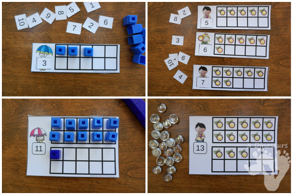 Flower & Rain Themed Ten Frame Printables: No-Prep & Hands-On - 168 pages of printables working on ten frame activities for numbers 1 to 20 with hands-on and no-prep: cards, worksheets and easy reader books - 3Dinosaurs.com #handsonmath #teacherspayteachers #tenframe #springprintablesforkids #printablesforkids