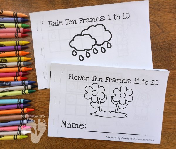 Flower & Rain Themed Ten Frame Printables: No-Prep & Hands-On - 168 pages of printables working on ten frame activities for numbers 1 to 20 with hands-on and no-prep: cards, worksheets and easy reader books - 3Dinosaurs.com #handsonmath #teacherspayteachers #tenframe #springprintablesforkids #printablesforkids