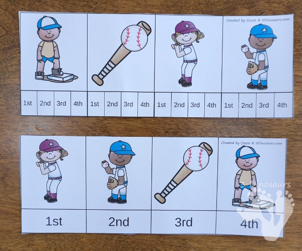 Free Mini Baseball Themed Sequencing -  with clip cards, writing and cut and paste $ - 3Dinosaurs.com #printablesforkids #sequencingforkids #springprintables  #baseball