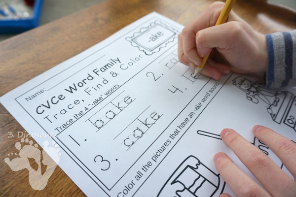 Easy No-Prep Trace Find & Color Printables for CVC Word Family, CVCC Word Family, CVCe Word Family, Blends, Digraphs, Diphthongs, and Vowel Teams $ - 3Dinosaurs.com #printablesforkids #noprep #learningtoread #tpt #teacherspayteachers