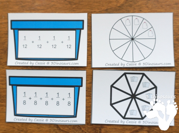 Free Recycling Earth Day Themed Fraction Matching Cards With Help Mat - 8 sets of cards to match with a help mat for adding the fractions together - 3Dinosaurs.com