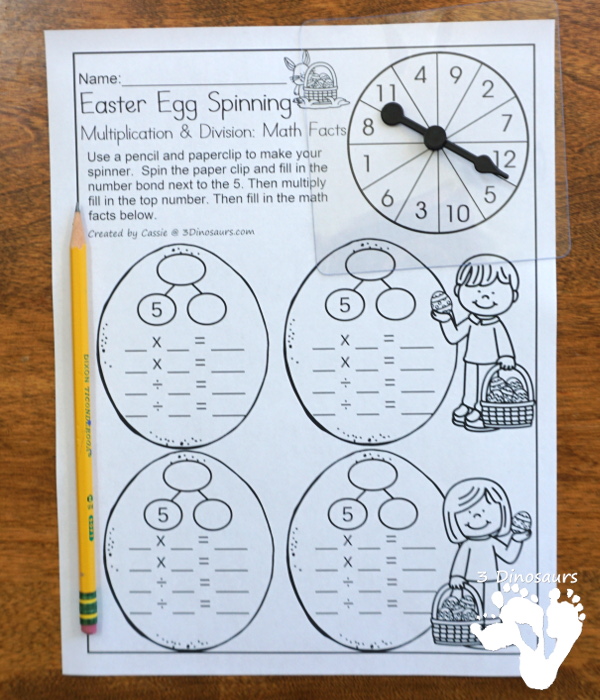 Free Easter Egg Spinning Multiplication & Division Math Facts - math facts 2 to 12 with 4 recording sheets per page with spinner - 3Dinosaurs.com