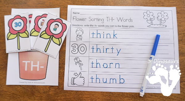 Free Flower Digraph Sorting & Worksheets - 4 beginning digraphs ch, sh, th, wh with worksheets for writing words or tracing words - 3Dinosaurs.com