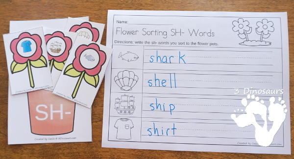 Free Flower Digraph Sorting & Worksheets - 4 beginning digraphs ch, sh, th, wh with worksheets for writing words or tracing words - 3Dinosaurs.com