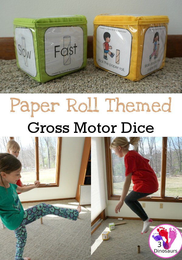 Free Paper Roll Themed Gross Motor Dice -  3 action movements included with dice and dice inserts - 3Dinosaurs.com