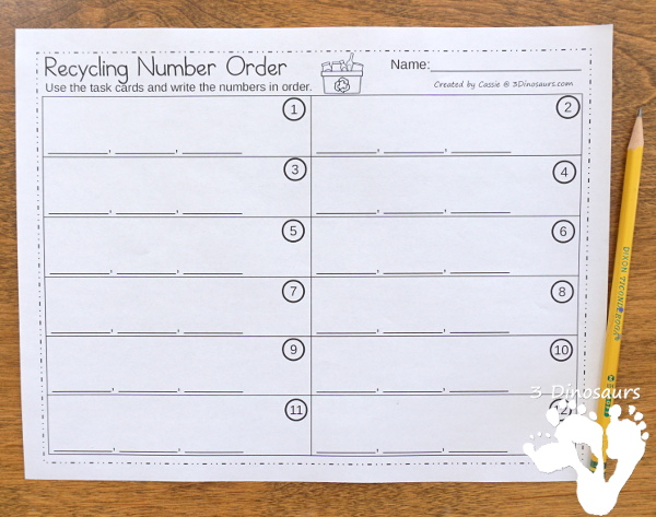 Free Recycling Themed Number Order Task Cards - 3 levels of learning with 3 sets of task card and worksheet to have kids put the numbers in order - 3Dinosaurs.com