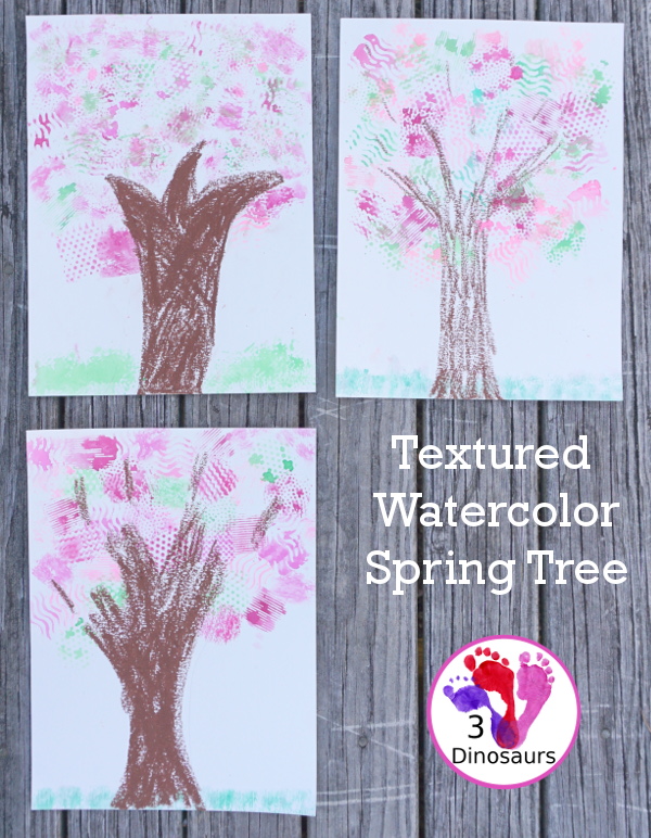 Texture Watercolor Spring Tree Painting - a fun painting activity with textures to make a fun spring themed tree - 3Dinosaurs.com