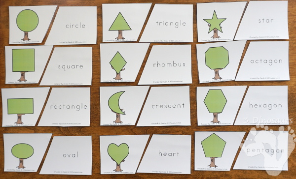 Free Tree Shape Matching Cards - 12 shape matching cards for kids to use with tree made from shapes - 3Dinosaurs.com