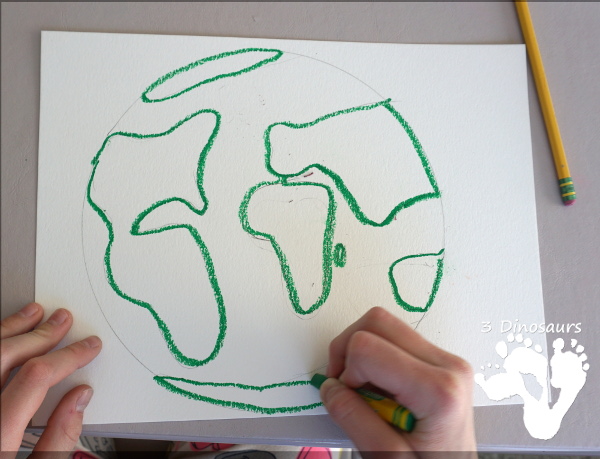 Watercolor Planet Earth Process Art - An easy and fun art project for planet Earth using watercolors and oil pastels - 3Dinosaurs.com