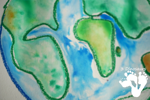 Watercolor Planet Earth Process Art - An easy and fun art project for planet Earth using watercolors and oil pastels - 3Dinosaurs.com
