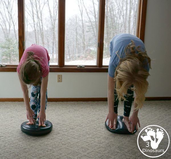 Gross Motor: Balance Cushion Activities - 4 fun movements that can be done indoors and get the wiggles out and work on balance and core strength at the same time. - 3Dinosaurs.com