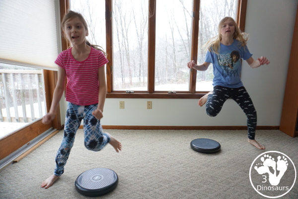 Gross Motor: Balance Cushion Activities - 4 fun movements that can be done indoors and get the wiggles out and work on balance and core strength at the same time. - 3Dinosaurs.com