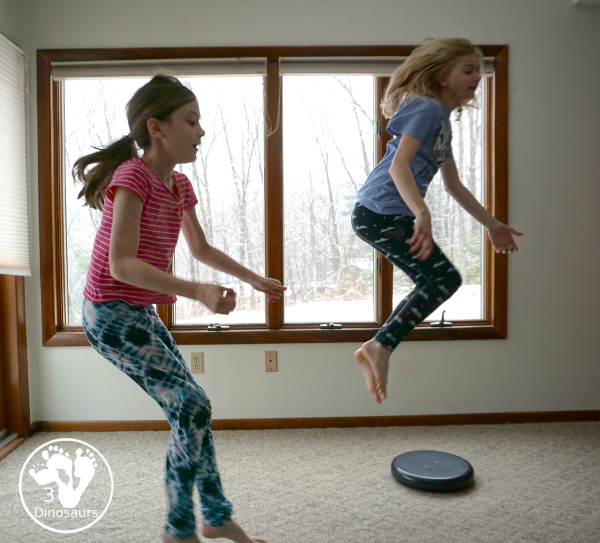 Gross Motor: Balance Cushion Activities - 4 fun movements that can be done indoors and get the wiggles out and work on balance and core strength at the same time. - 3Dinosaurs.com