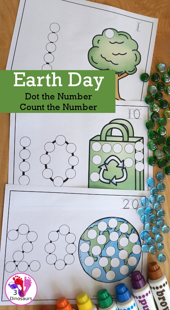 Earth Day Themed Dot the Number Count the Number: Recycle, Earth & Tree - a fun set of printables that work on numbers 0 to 20 for kids - 3Dinosaurs.com