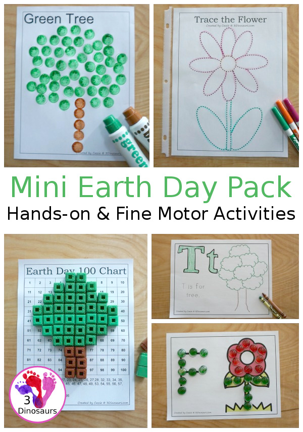 Hands-On & Fine Motor: Free Mini Earth Day Pack - fun 12 page pack with fine motor tracing, dot marker and coloring fun for Earth Day - 3Dinosaurs.com