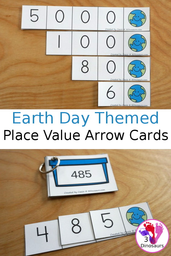 Free Earth Day Themed Place Value Arrow Cards - work on building numbers from 0 to 9999 with these earth day arrow cards. Plus use task cards to build the numbers. - 3Dinosaurs.com