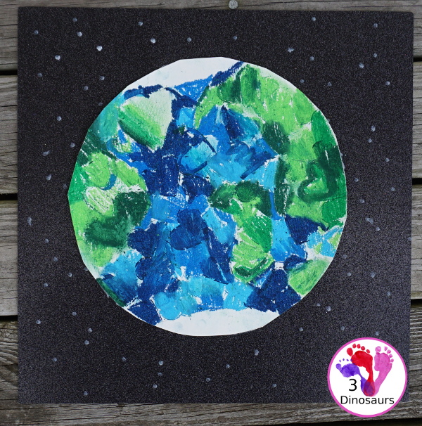 Oil Pastel Earth with Heart Shapes - a great craft that works on blending colors and making a very fun planet Earth for Earth Day - 3Dinosaurs.com
